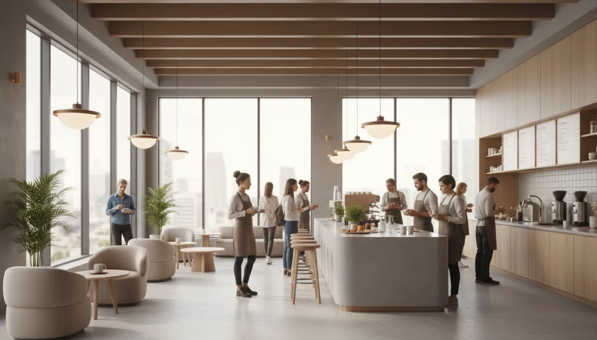 photorealistic interior of a modern neutral-toned US café or service business, wide 16:9 view of clean storefront with large windows and customers being served, no visible logos or text