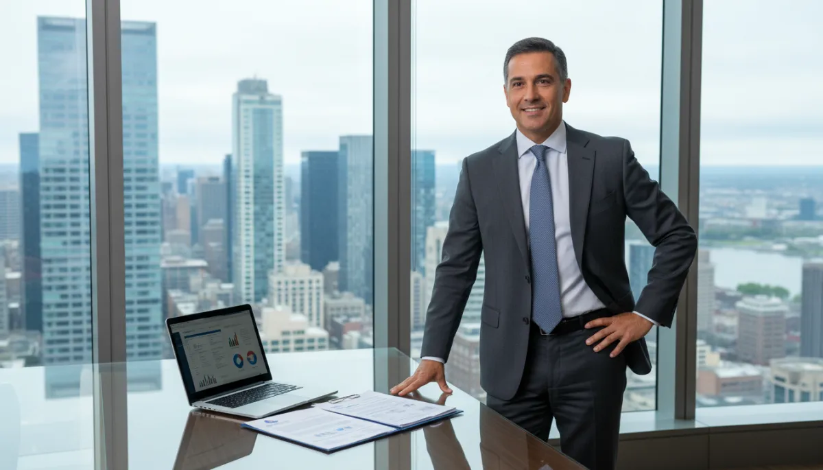 photorealistic editorial, modern corporate office in a US city, large windows with skyline, a Spanish-looking executive in a suit standing confidently by a glass desk with laptop and documents, suggesting leadership and international corporate transfer, neutral color palette