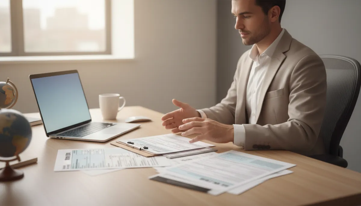 photorealistic neutral-color scene of a professional reviewing US tax documents at a modern desk with a laptop and paperwork, suggesting IRS filing and international tax planning, soft natural light, no text or logos on screen or documents