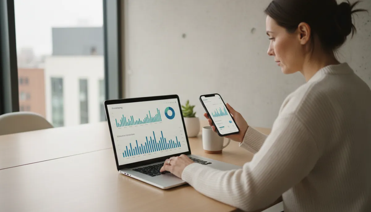 photorealistic editorial scene of a professional entrepreneur in a neutral-tone modern home office managing online banking from a laptop and smartphone, soft daylight, subtle financial graphs on screen without logos or text, calm and focused atmosphere