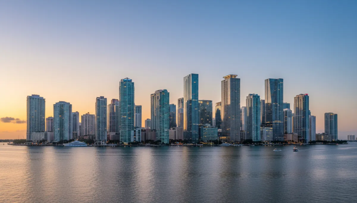photorealistic editorial vista panorámica del skyline de Brickell al atardecer, rascacielos de cristal frente al agua, cielo azul suave y tonos dorados, sensación profesional y urbana sin texto ni logotipos