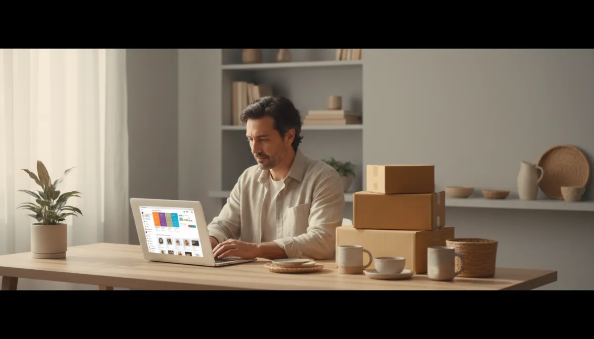 photorealistic editorial scene of a Spanish-speaking entrepreneur working on a laptop in a clean home office, open e-commerce dashboard on screen, several neutral-colored shipping boxes and neatly arranged products on the desk, soft daylight, no visible text or logos