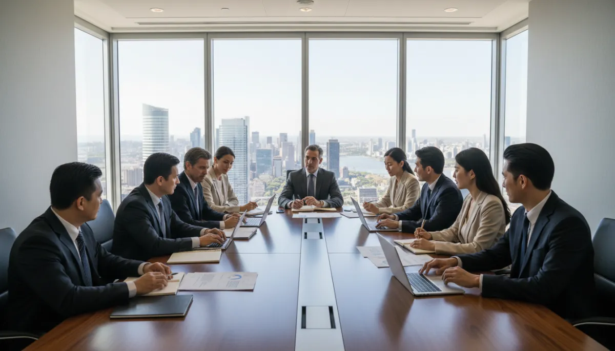 photorealistic editorial neutral-tone corporate boardroom with large glass windows, diverse group of executives in formal business attire seated around a long table, documents and laptops open, city skyline in the background, natural daylight