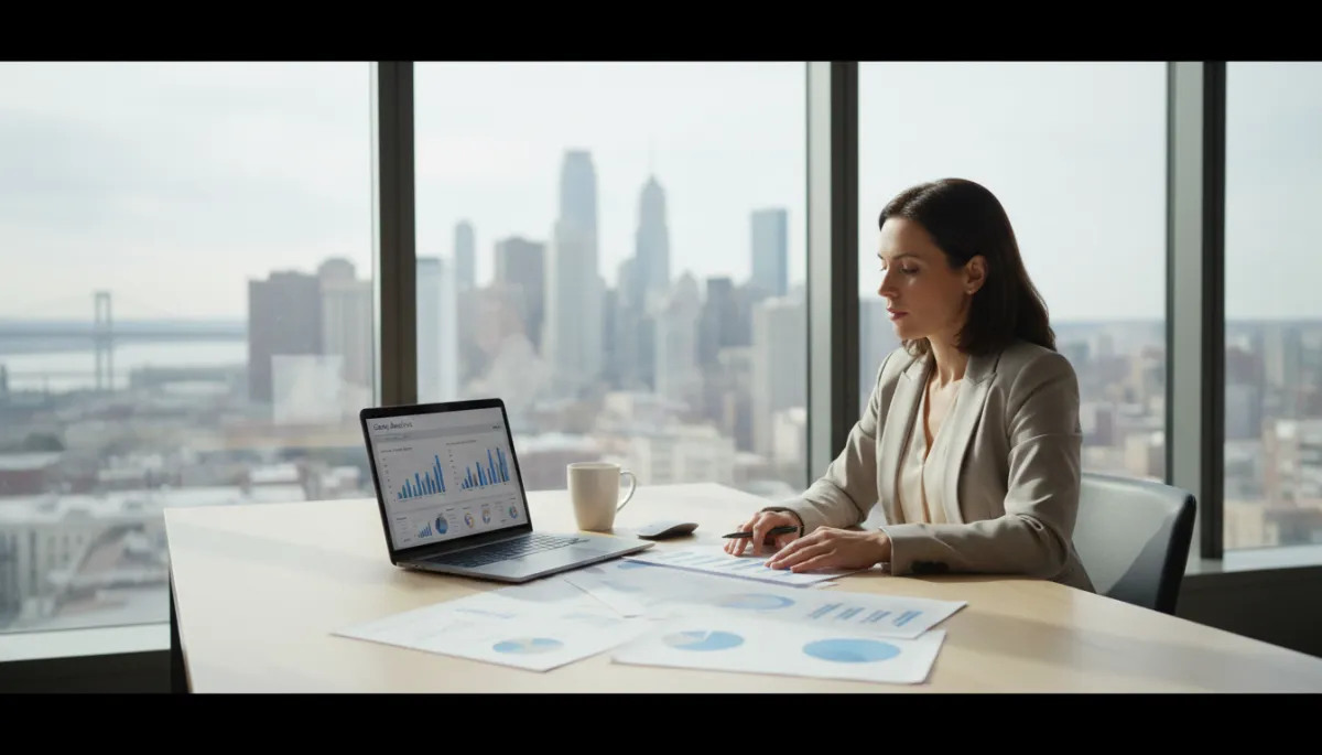 photorealistic neutral-toned scene of a professional in a modern US office, seated at a desk with documents, laptop and graphs about salaries and costs of living, large window with a generic American city skyline in the background, soft natural light