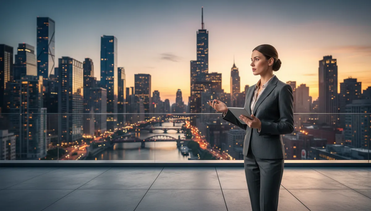 photorealistic neutral-tone scene of a well-dressed international investor standing on a terrace overlooking a U.S. financial district skyline at dusk, subtle depth of field, professional atmosphere, no text, no logos