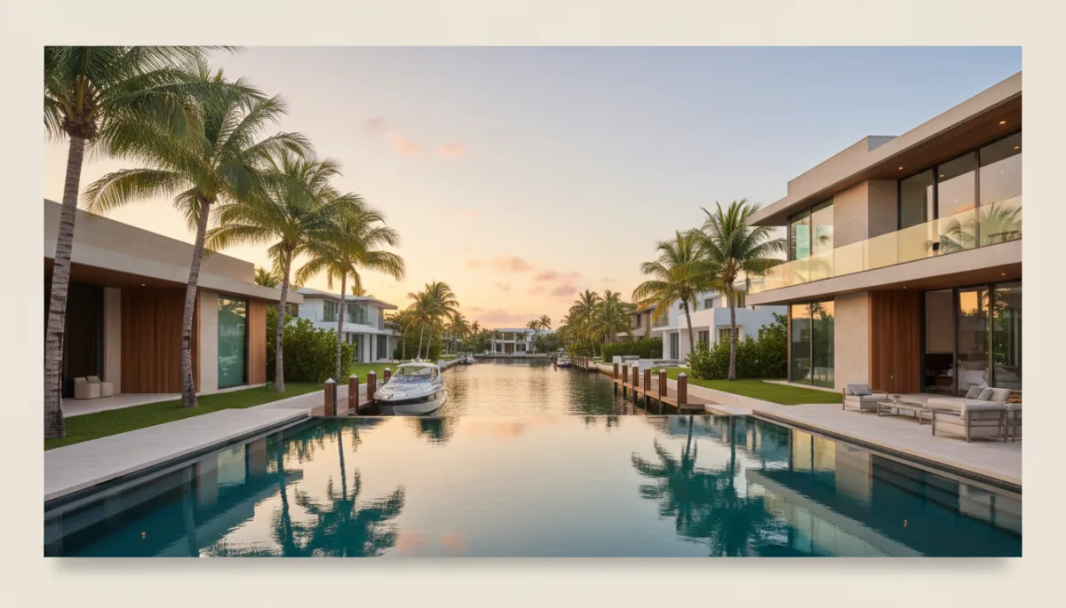 photorealistic modern waterfront home in Miami Florida at sunset, neutral tones, palm trees, pool and canal with dock, upscale residential neighborhood, no text no logos