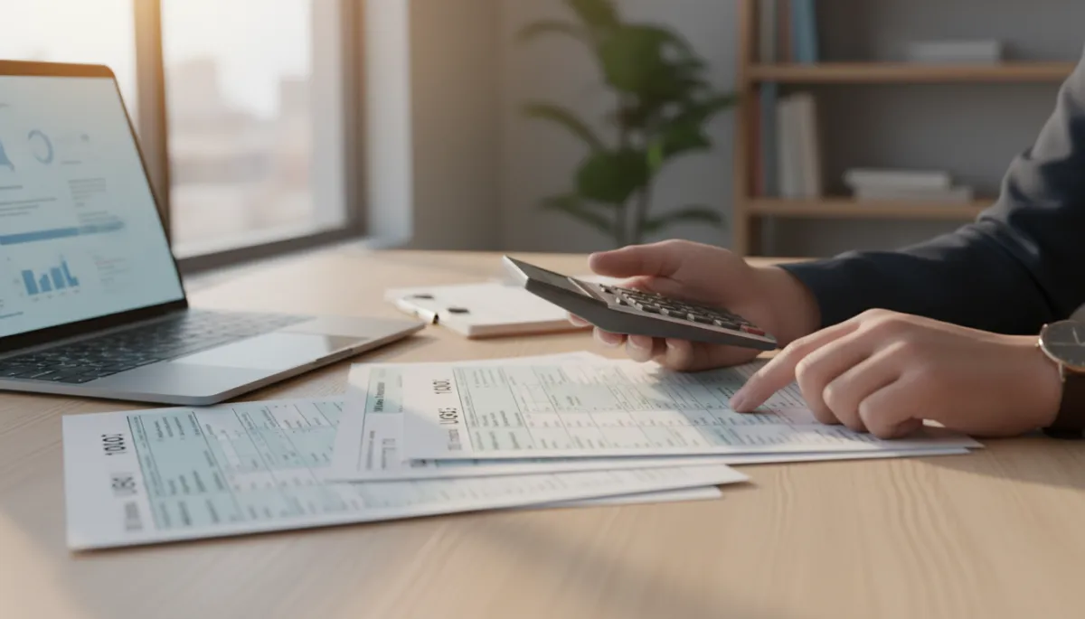 photorealistic neutral-color scene of a professional accountant or business owner working with US tax documents and a laptop on a modern wooden desk, soft natural light, focus on hands, calculator and forms visible, no text no logos