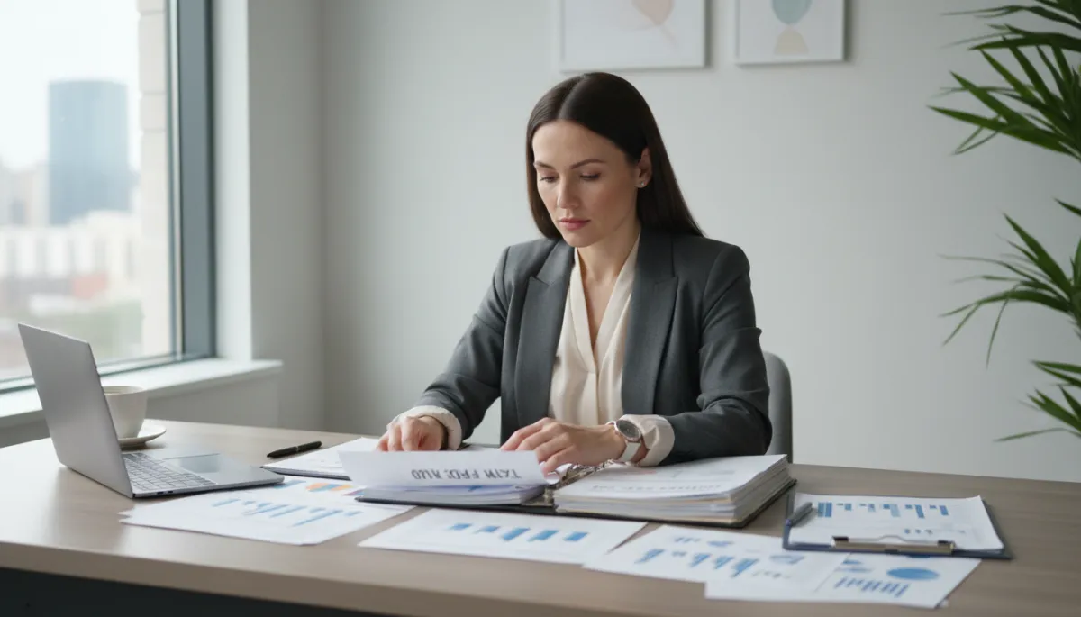 photorealistic business owner in a neutral-toned modern US office, seated at a professional desk reviewing corporate documents and tax forms, soft natural light, calm and serious atmosphere