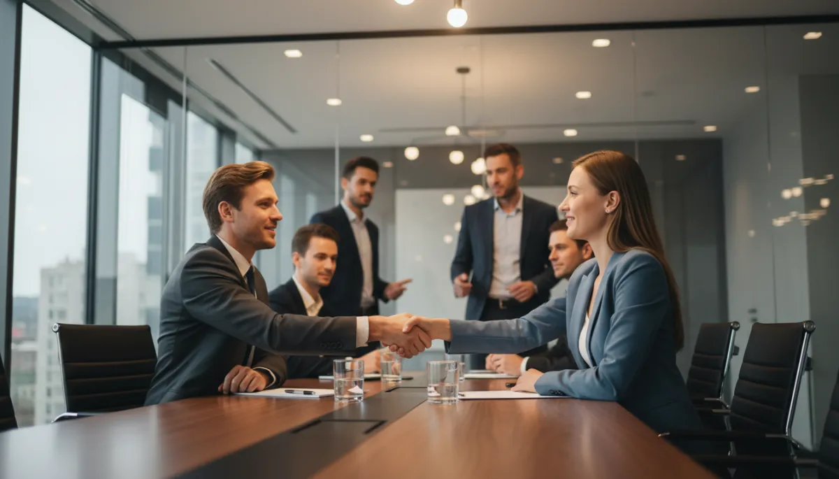 photorealistic neutral-toned business meeting in a modern glass-walled conference room, one European-looking professional and one American-looking professional shaking hands across the table, warm professional lighting, other colleagues blurred in background