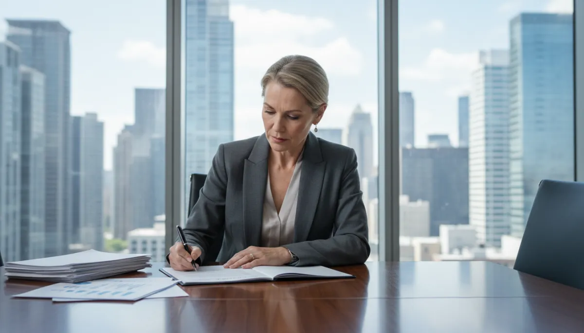 escena fotorrealista de un empresario o empresaria de mediana edad, vestido de forma elegante pero sobria, revisando documentos financieros y firmando un contrato sobre una mesa de madera en una oficina moderna con ventanales que muestran una ciudad estadounidense, luz natural, ambiente serio y profesional, sin texto ni logos