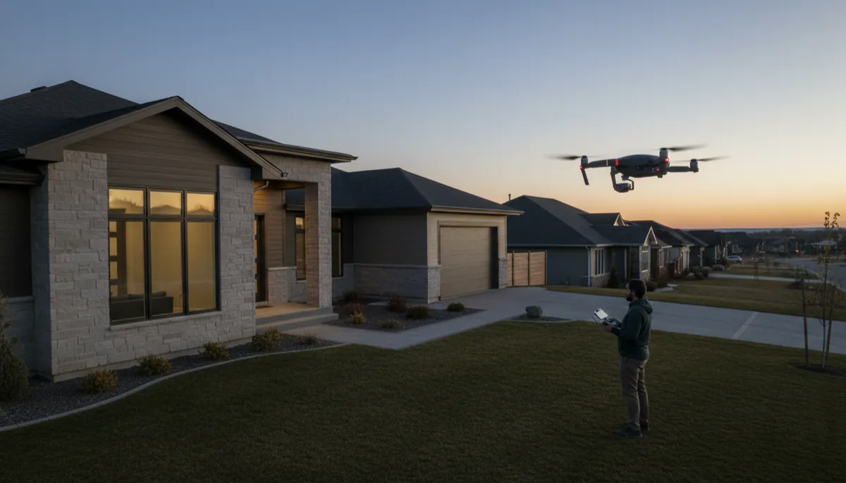 Photorealistic scene of a drone being used to photograph a home exterior