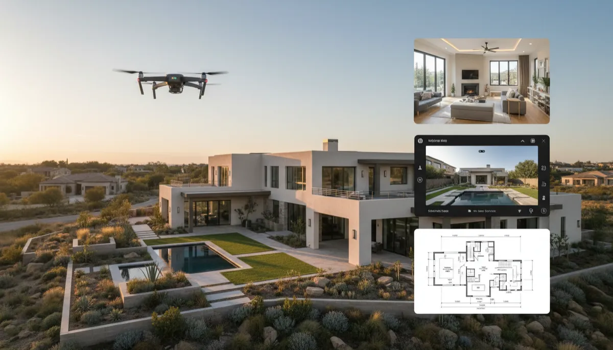 Photorealistic aerial view of a home with multiple media assets displayed