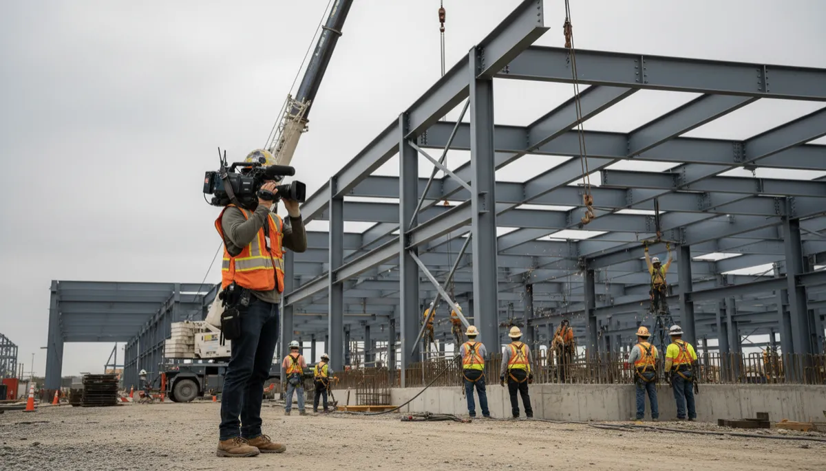 Photorealistic scene of a media crew filming workers at a transit center construction site