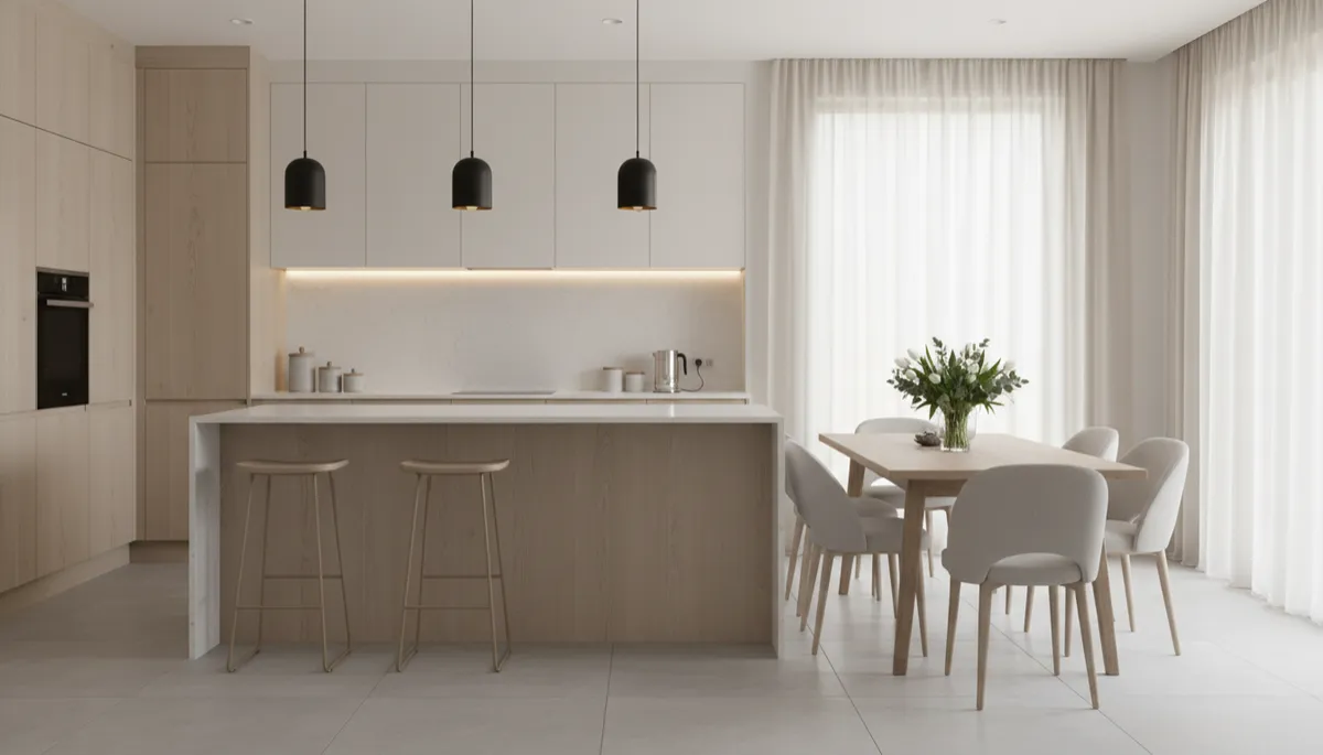 Clean, decluttered kitchen and dining area staged for real estate photos