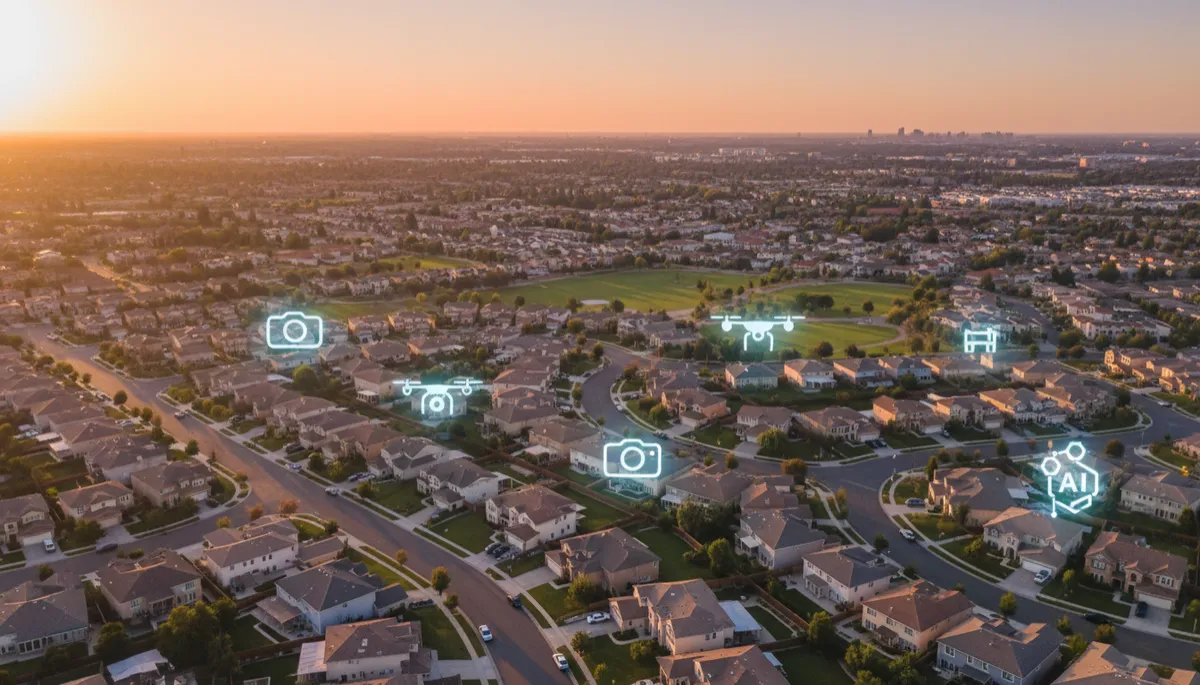 Drone view of neighborhood with subtle technology overlays representing modern real estate marketing