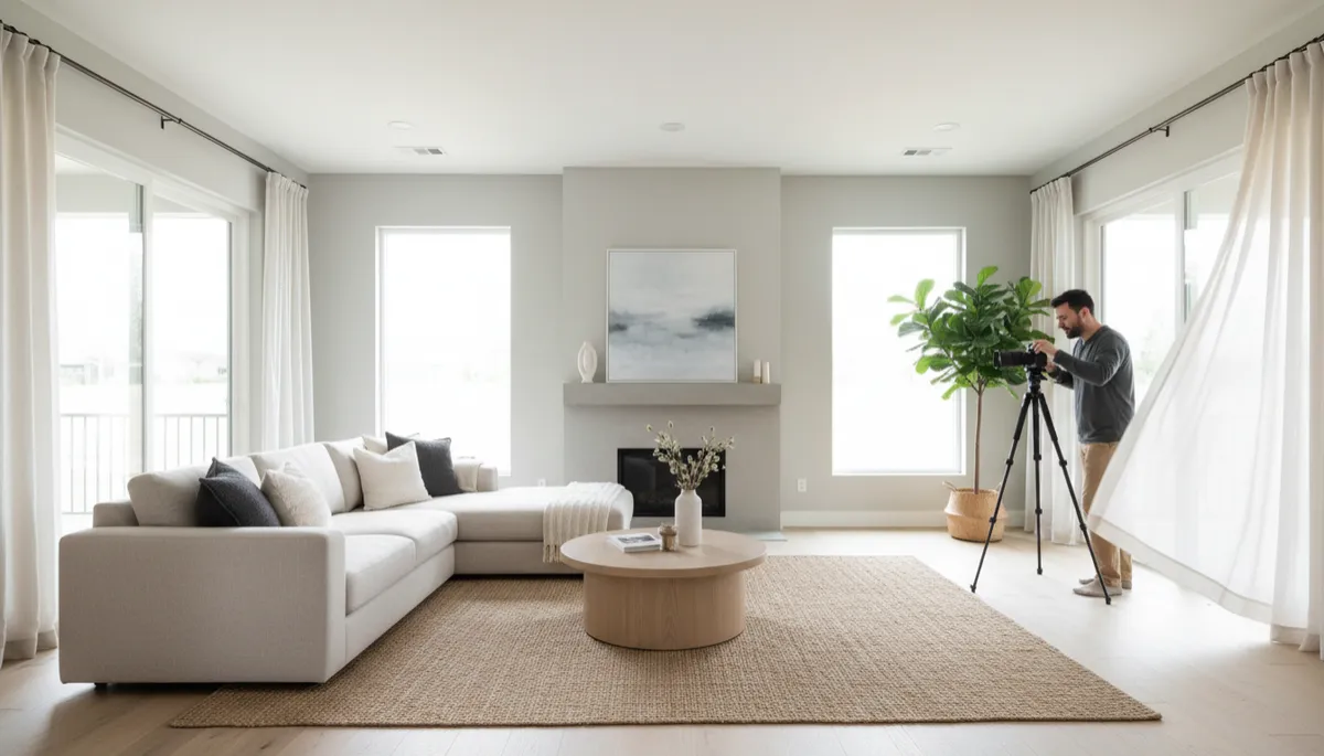 photorealistic wide-angle interior of a bright, professionally staged living room with large windows, neutral color palette, and a photographer in the background adjusting a tripod-mounted camera, soft natural light