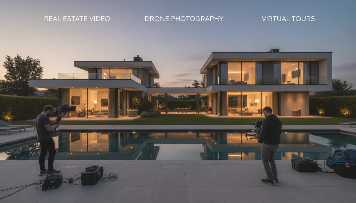 photorealistic wide shot of a modern, well‑staged home at twilight, with subtle neutral color grading, overlaid with minimal text about real estate video, drone photography, and virtual tours, production crew visible setting up camera and gimbal in foreground