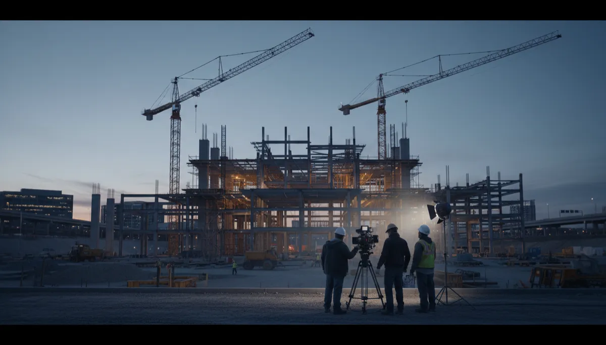 photorealistic wide shot of an under-construction multimodal transit center at dusk, cranes and steel framework lit by work lights, camera crew filming on tripod in foreground, cool neutral color palette