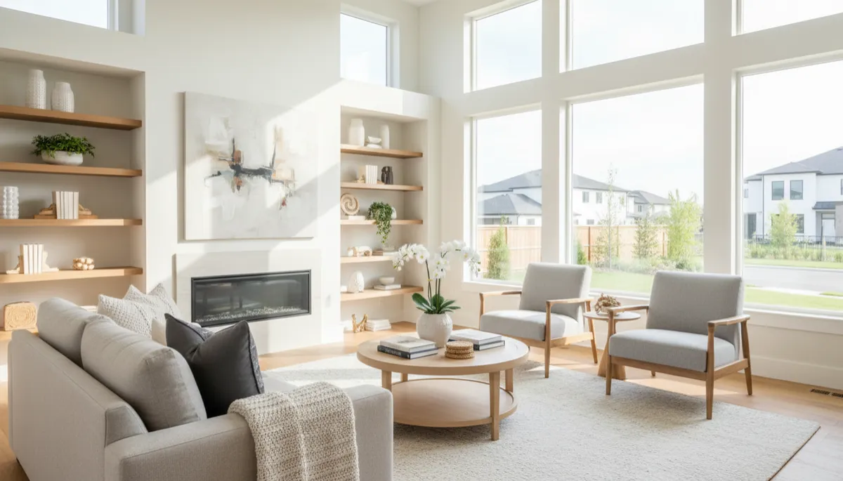 photorealistic wide shot of a bright, neutral-toned living room with large windows, tidy furniture, soft staging decor, and natural light streaming in, modern suburban home