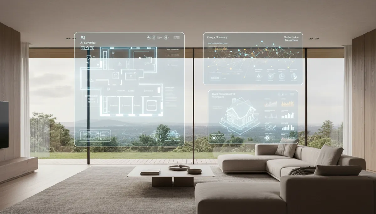 photorealistic wide shot of a modern home interior with large windows, overlaid with subtle holographic UI elements showing property data, floor plans, and AI analytics charts, neutral color palette, soft natural light
