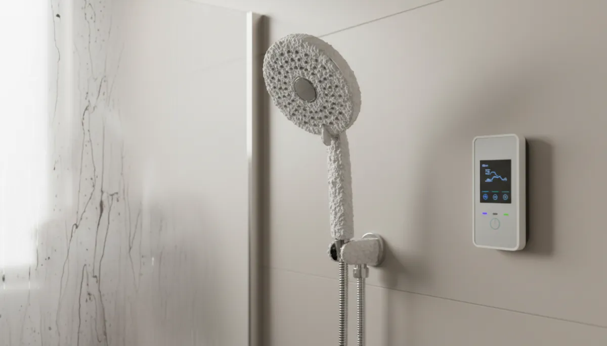 Mineral scale on a showerhead next to a water softener control panel Mineral scale on a showerhead next to a water softener control panel
