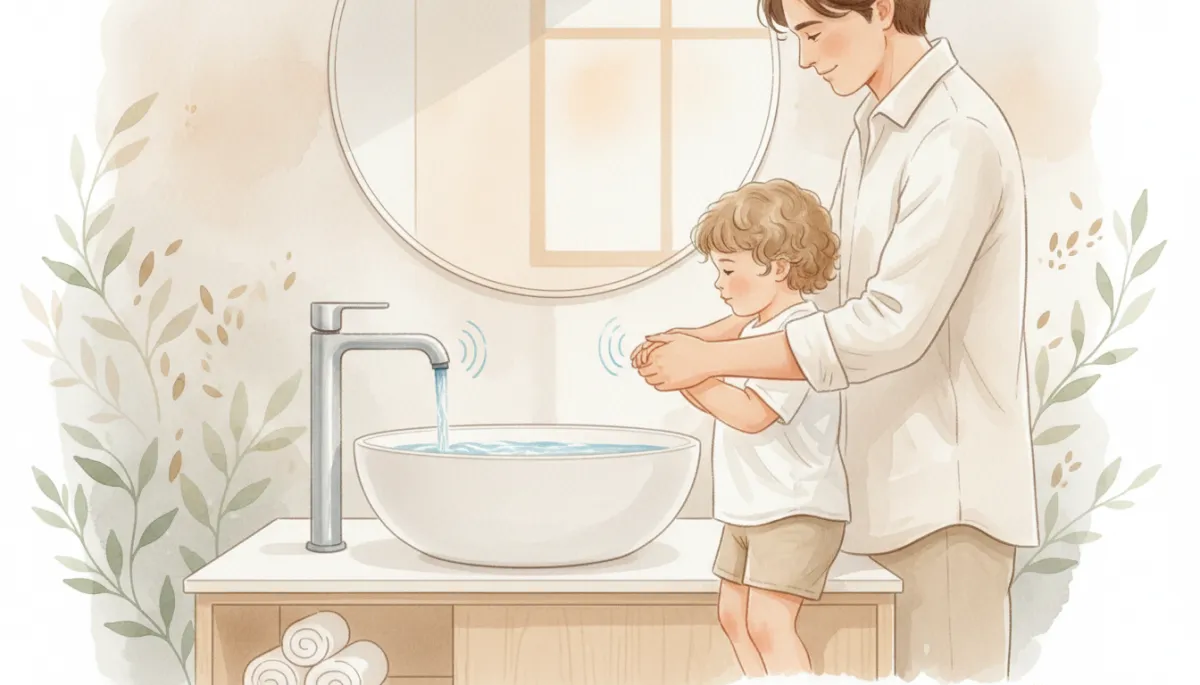 Parent helping child wash hands with clear filtered water at a bathroom sink