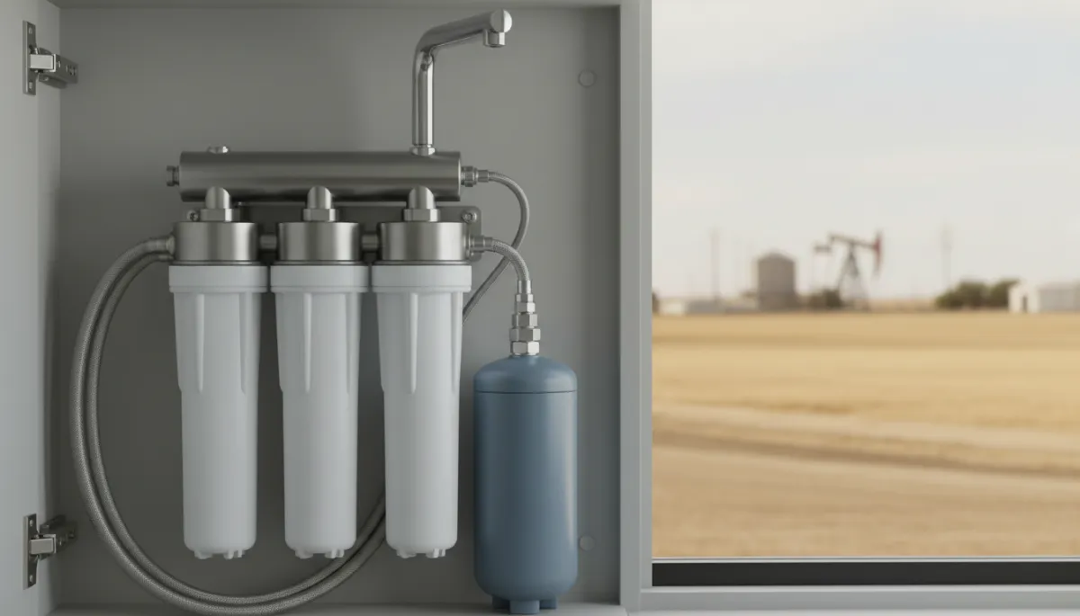 Under-sink reverse osmosis water filter in a Bakersfield home near farmland