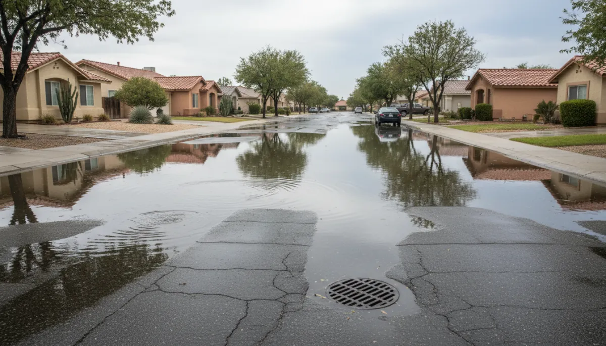 Residential Bakersfield street with standing water after heavy rainfall Residential Bakersfield street with standing water after heavy rainfall