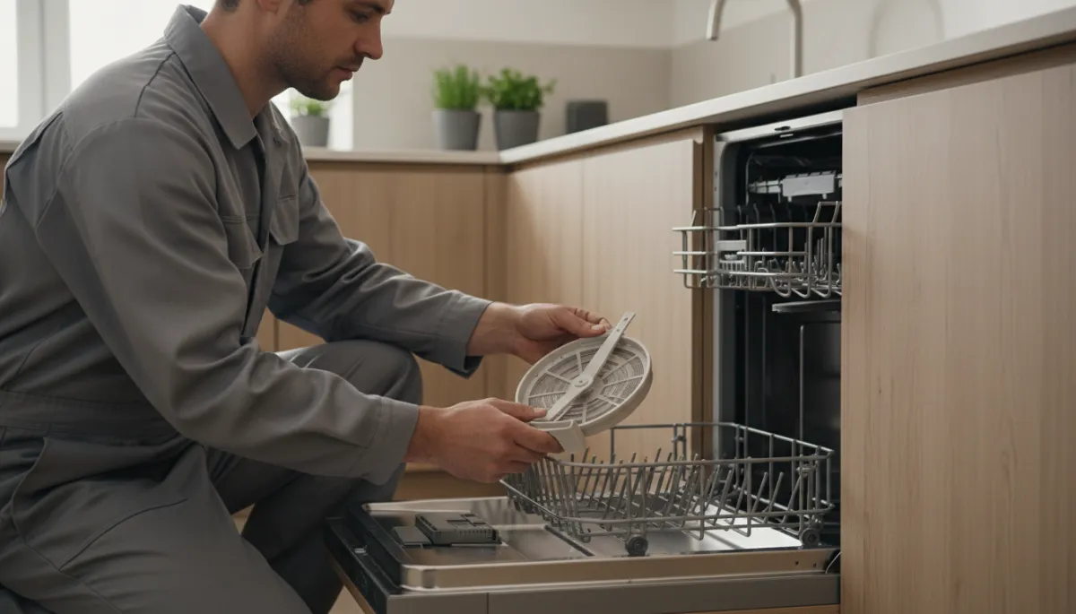 Technician performing maintenance on dishwasher spray arm and filter
