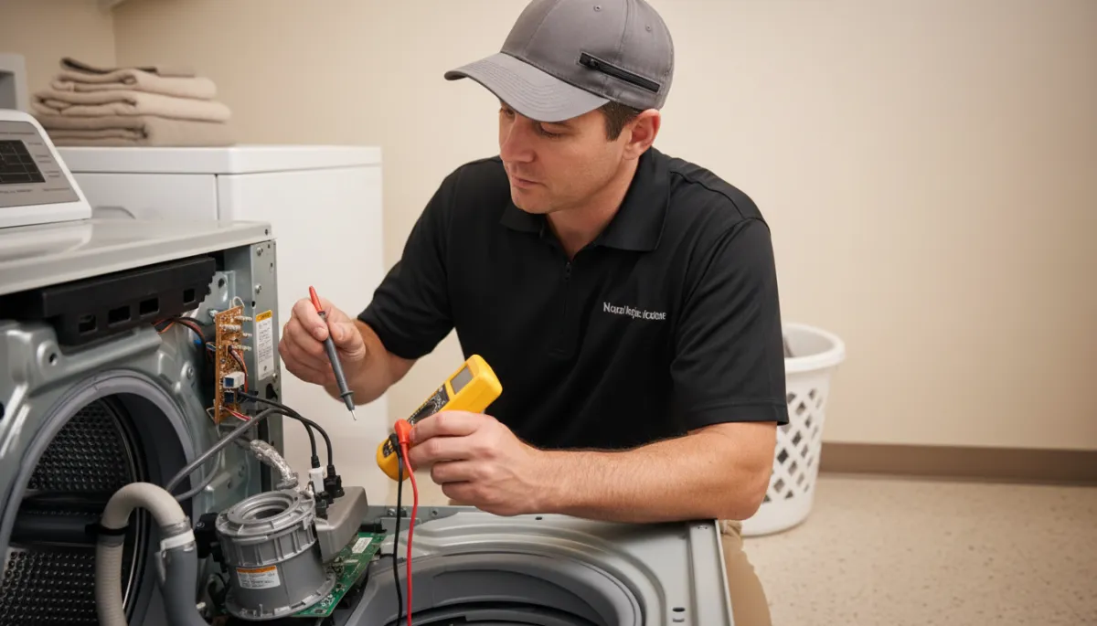 Technician testing and diagnosing a washing machine drain pump problem Technician testing and diagnosing a washing machine drain pump problem