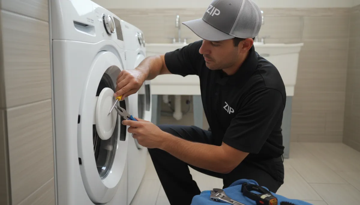 Technician removing and inspecting a clogged pump filter on a front-load washer Technician removing and inspecting a clogged pump filter on a front-load washer