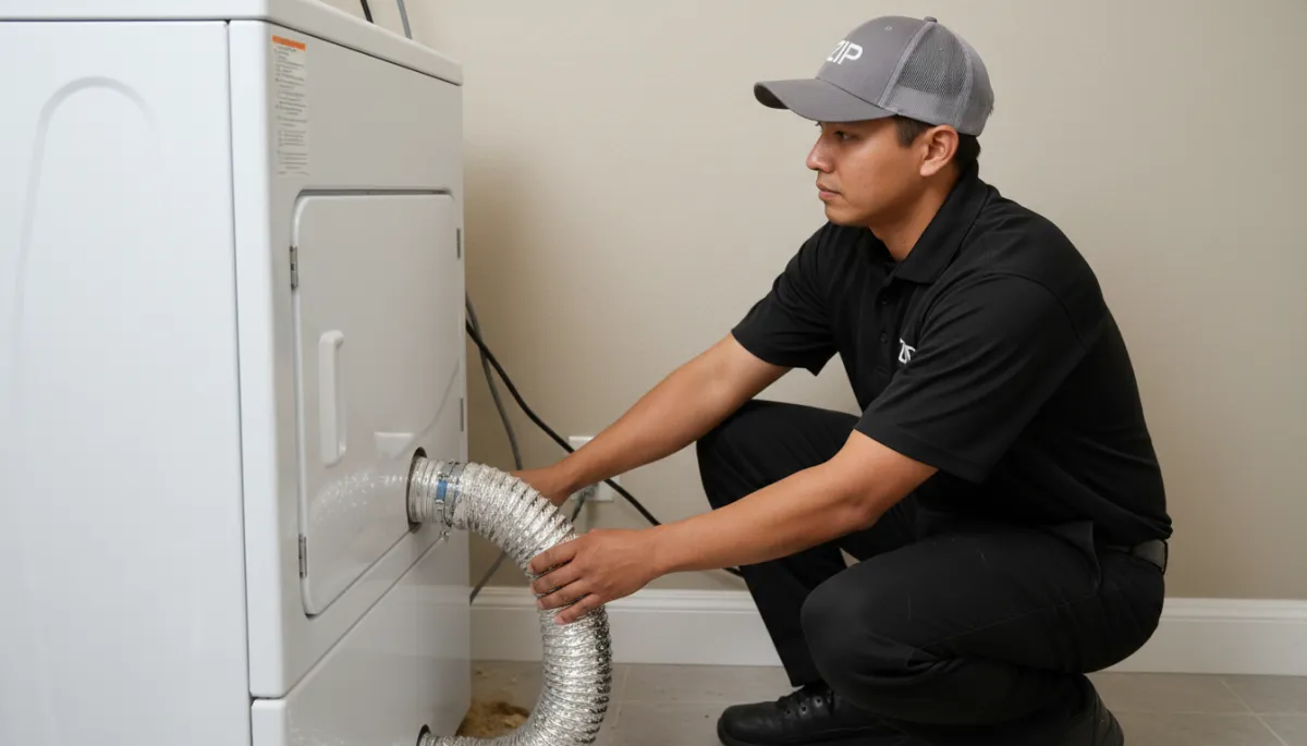 Technician inspecting a dryer vent hose in a Bakersfield laundry room Technician inspecting a dryer vent hose in a Bakersfield laundry room