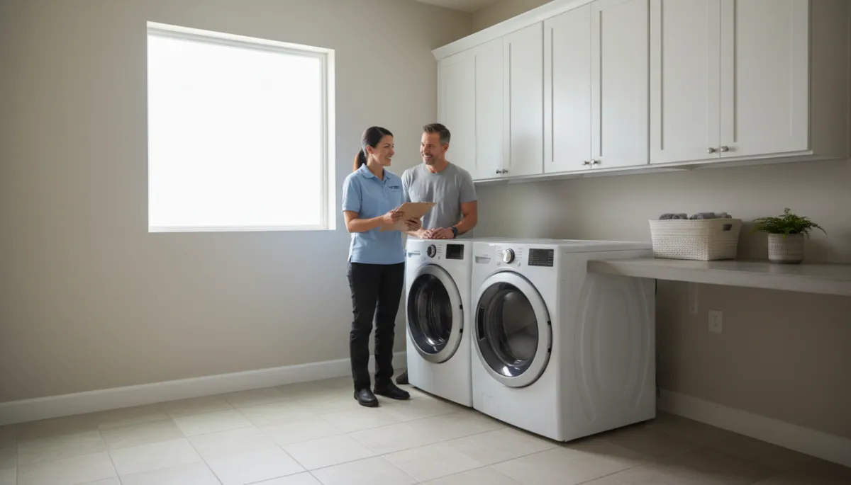 Zip technician advising a Bakersfield homeowner on efficient dryer use Zip technician advising a Bakersfield homeowner on efficient dryer use