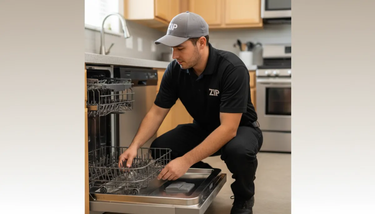 Technician from Zip Appliance & Plumbing Repair checking a dishwasher spray arm