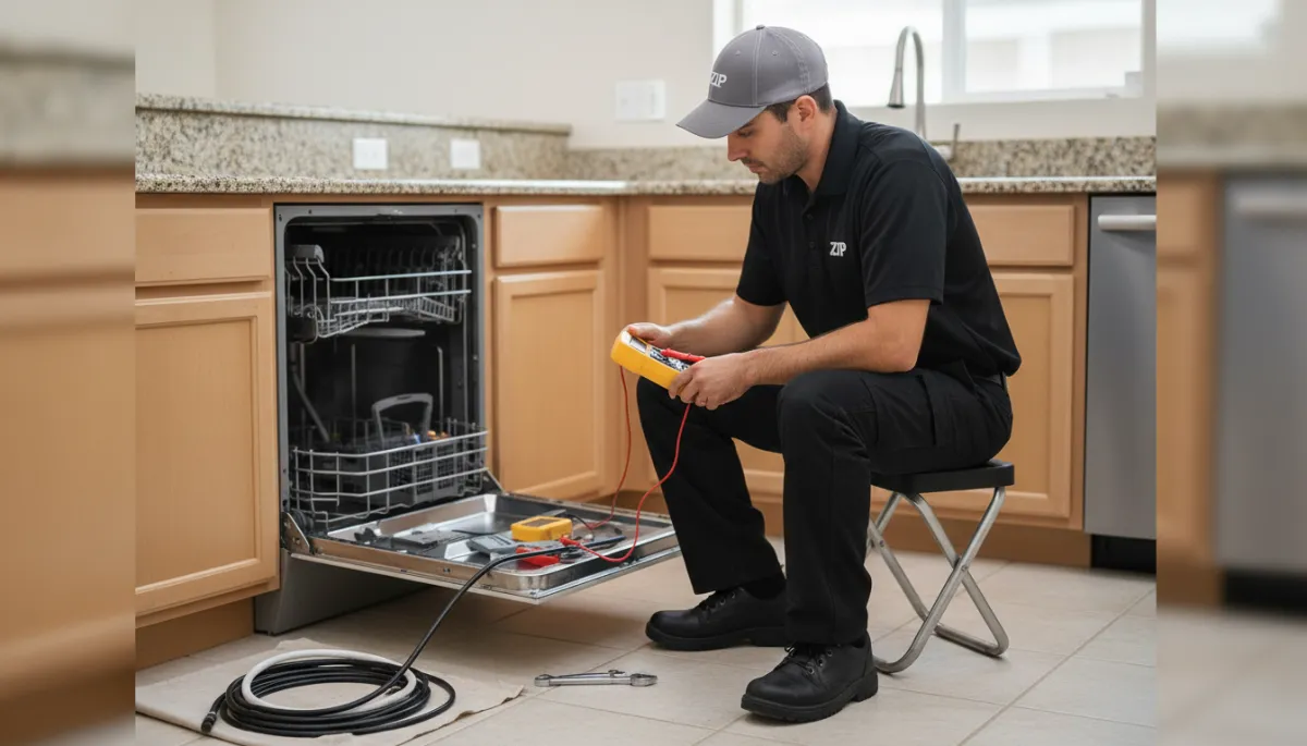 Zip technician testing a dishwasher water inlet valve in Bakersfield