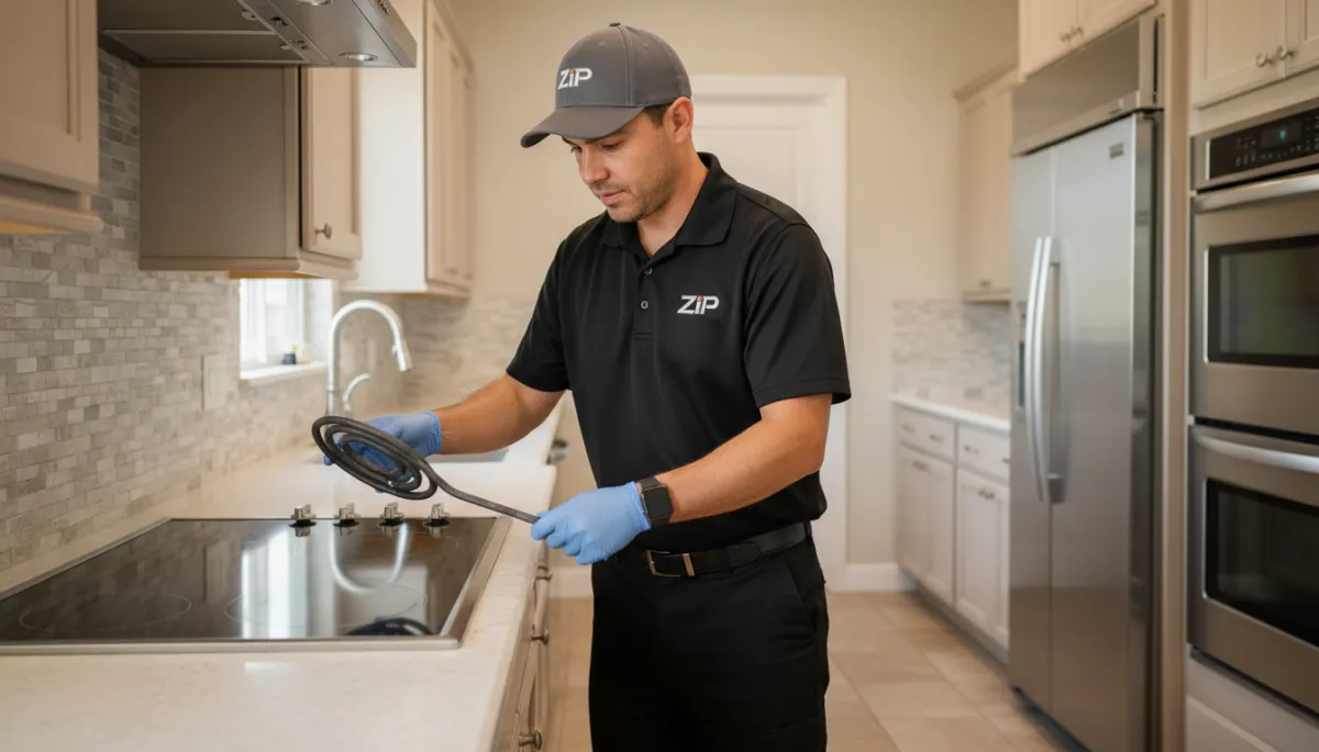 Zip technician inspecting a damaged stove burner in a Bakersfield home Zip technician inspecting a damaged stove burner in a Bakersfield home