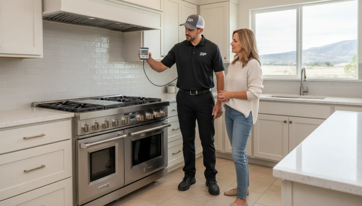 Technician explaining oven temperature readings to a Bakersfield homeowner Technician explaining oven temperature readings to a Bakersfield homeowner