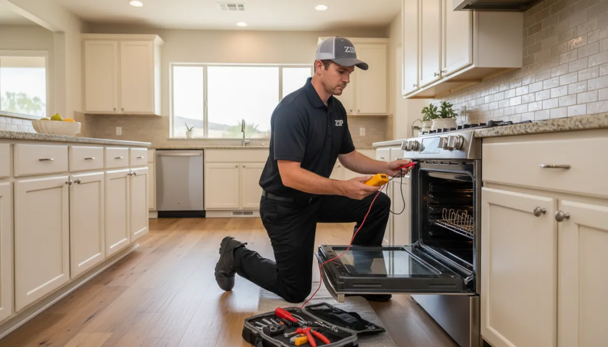 Technician from Zip Appliance & Plumbing Repair testing a gas oven igniter Technician from Zip Appliance & Plumbing Repair testing a gas oven igniter