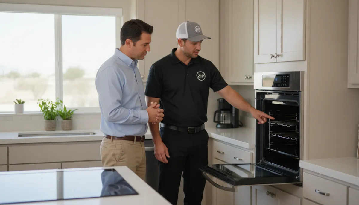 Zip technician inspecting a built-in oven to determine repair or replacement needs