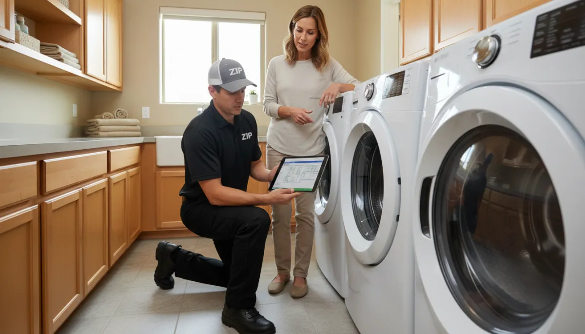 Zip technician evaluating an older washer and dryer for repair or replacement options