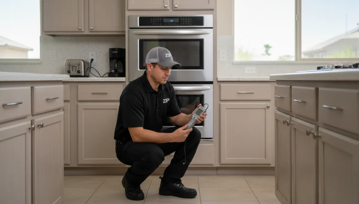 Zip Appliance & Plumbing Repair technician checking oven temperature accuracy in a Bakersfield home Zip Appliance & Plumbing Repair technician checking oven temperature accuracy in a Bakersfield home