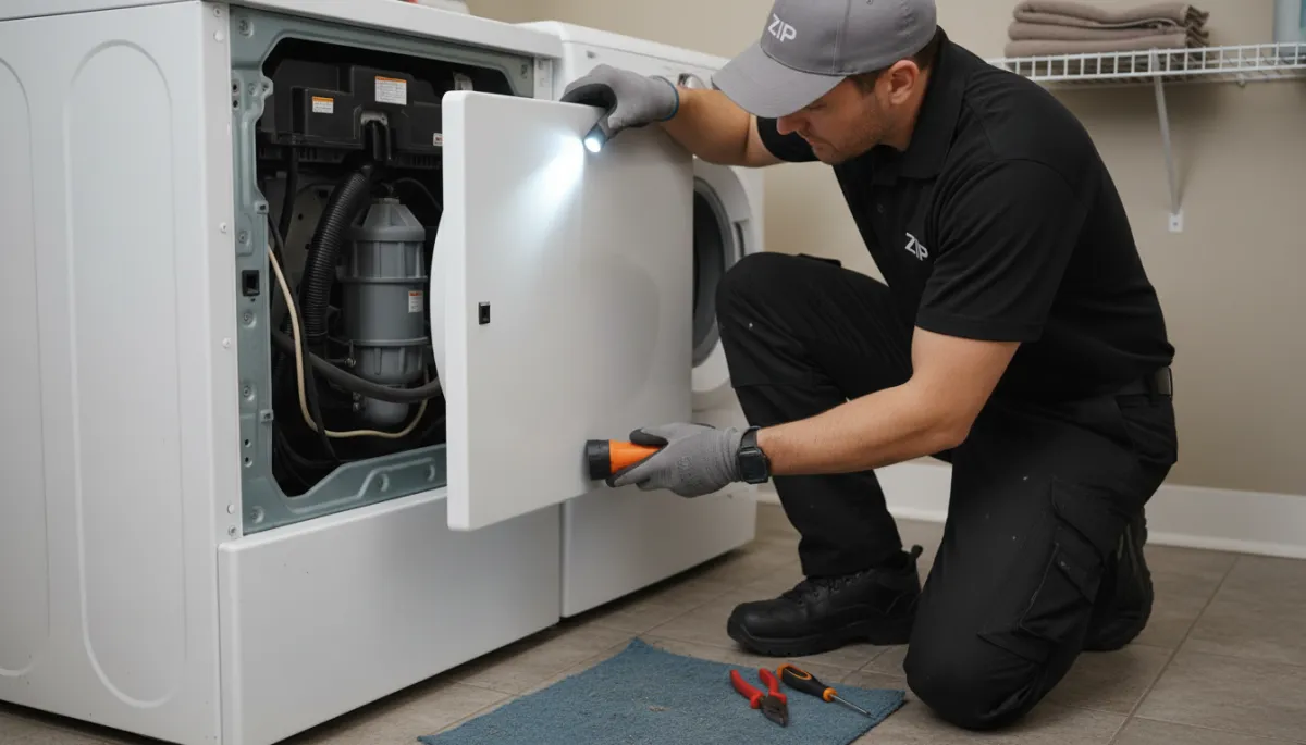 Technician from Zip Appliance & Plumbing Repair inspecting a washing machine drain pump in Bakersfield Technician from Zip Appliance & Plumbing Repair inspecting a washing machine drain pump in Bakersfield