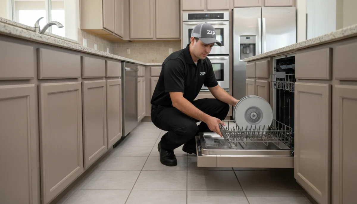 Zip Appliance & Plumbing Repair technician examining a dishwasher spray arm in Bakersfield Zip Appliance & Plumbing Repair technician examining a dishwasher spray arm in Bakersfield