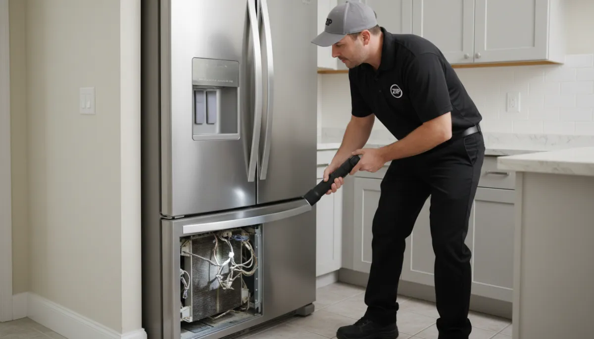 Technician checking refrigerator coils and clearance in a Bakersfield home Technician checking refrigerator coils and clearance in a Bakersfield home