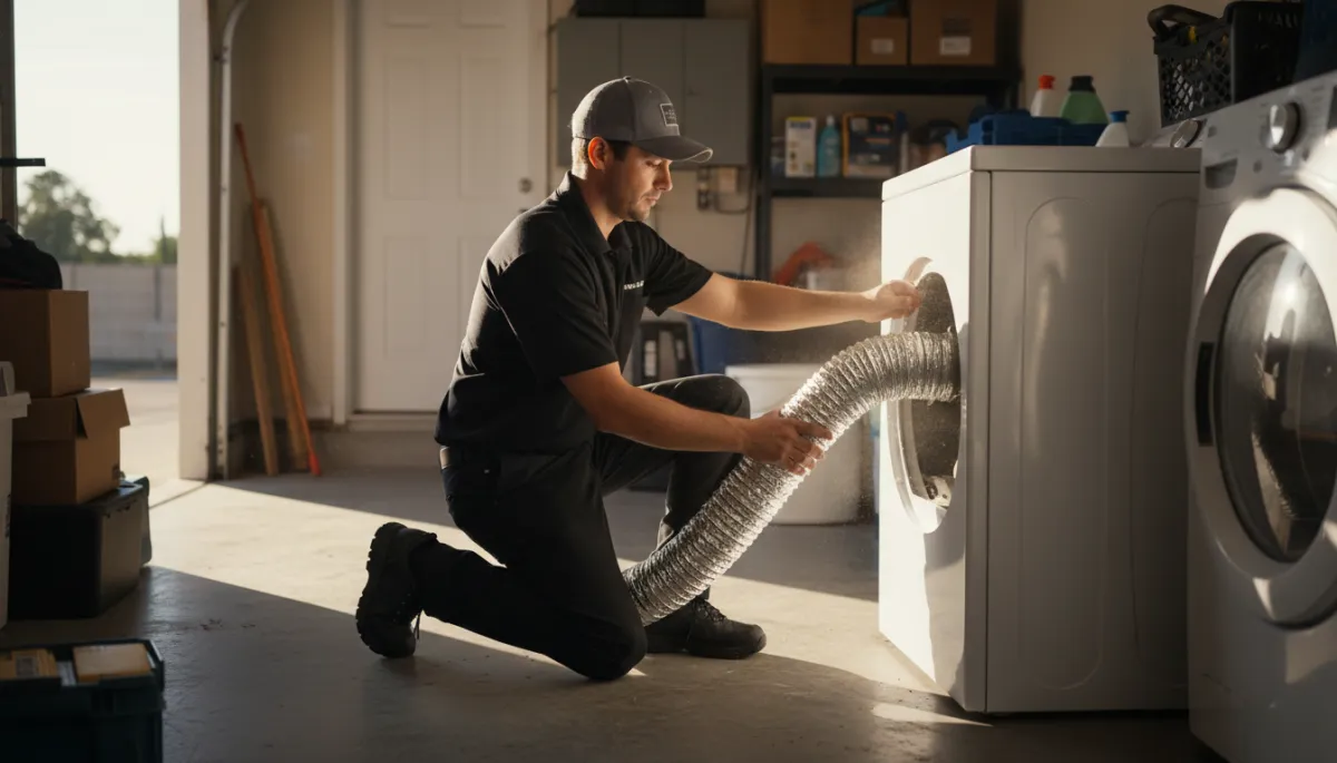 Zip technician inspecting dryer venting in a hot Bakersfield garage Zip technician inspecting dryer venting in a hot Bakersfield garage