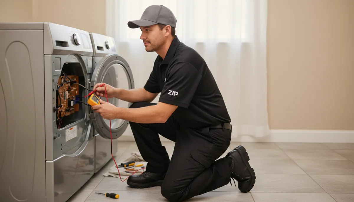 ZIP appliance technician diagnosing a dryer issue in a Bakersfield laundry room ZIP appliance technician diagnosing a dryer issue in a Bakersfield laundry room