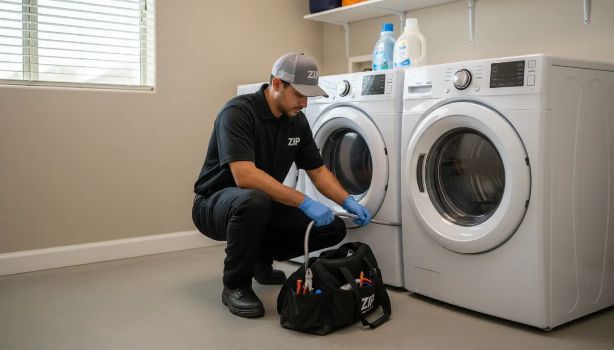 ZIP appliance technician repairing a washer connection in a Bakersfield home ZIP appliance technician repairing a washer connection in a Bakersfield home