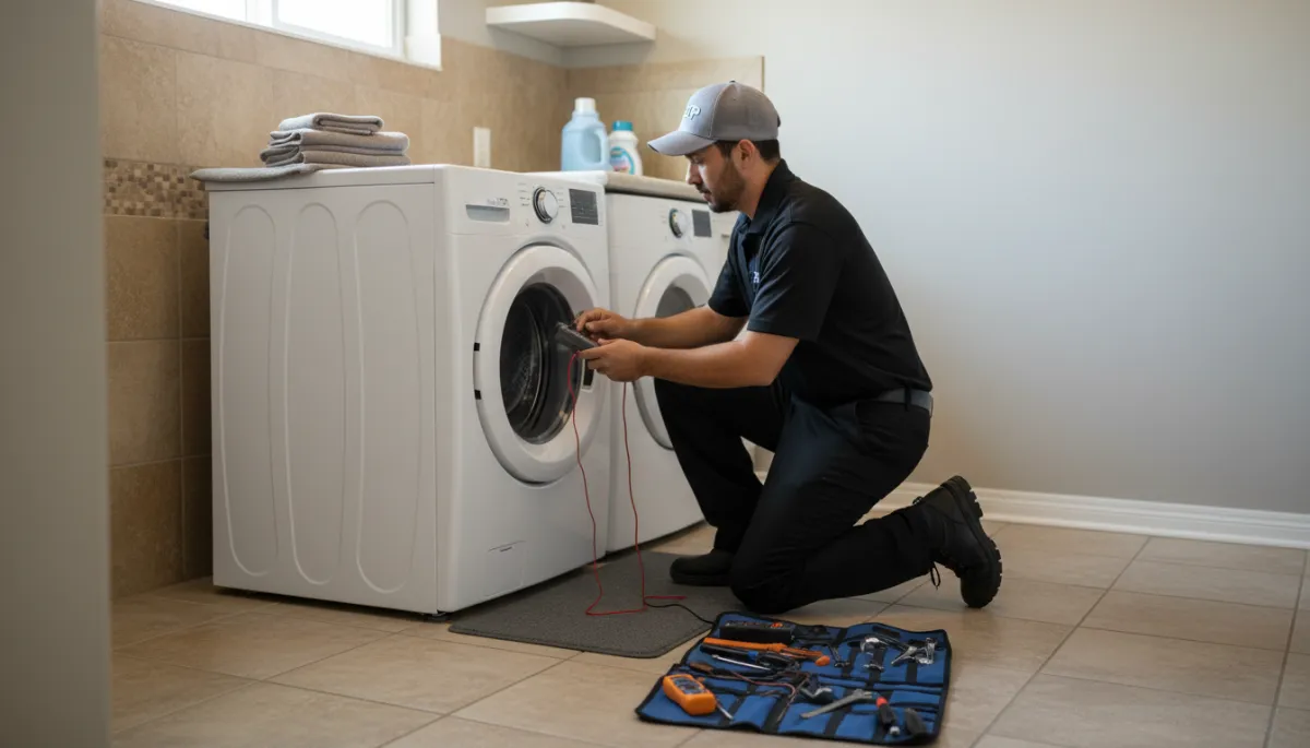Zip technician performing diagnostic testing on a washer during same-day appliance repair Zip technician performing diagnostic testing on a washer during same-day appliance repair