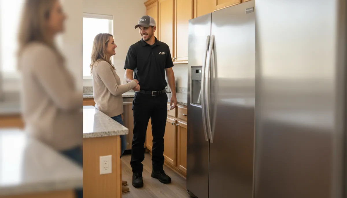 Zip technician greeting a Bakersfield homeowner before starting same-day appliance repair Zip technician greeting a Bakersfield homeowner before starting same-day appliance repair