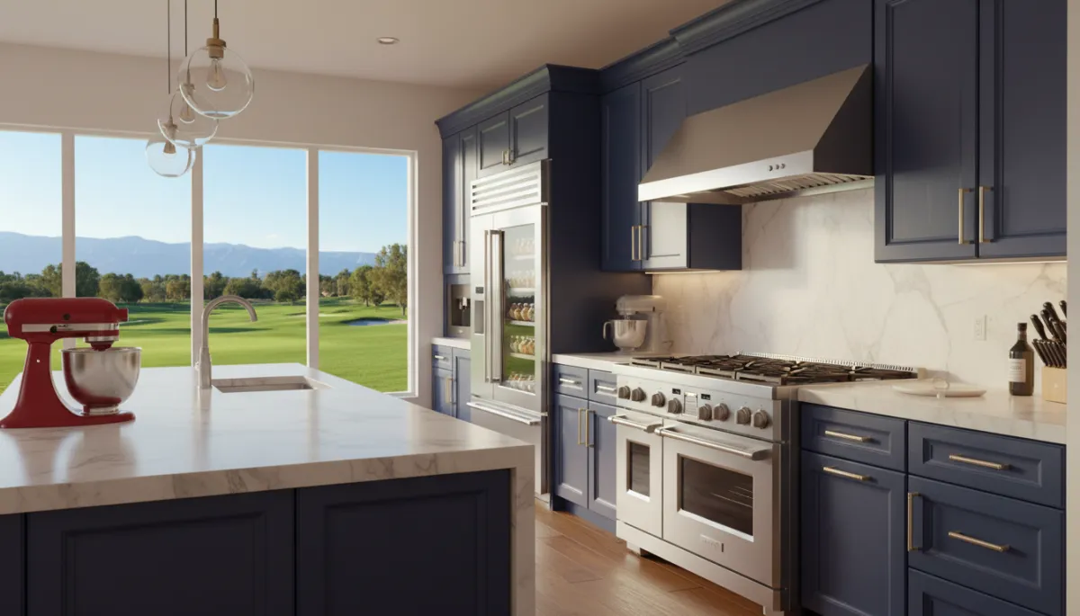 Zip Appliance & Plumbing Repair technician in Bakersfield CA inspecting a built-in luxury oven during a pre-event appliance tune-up for a golf course gathering
